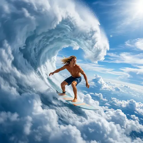 Surfer on the Sky: A Surreal Ride Above the Clouds