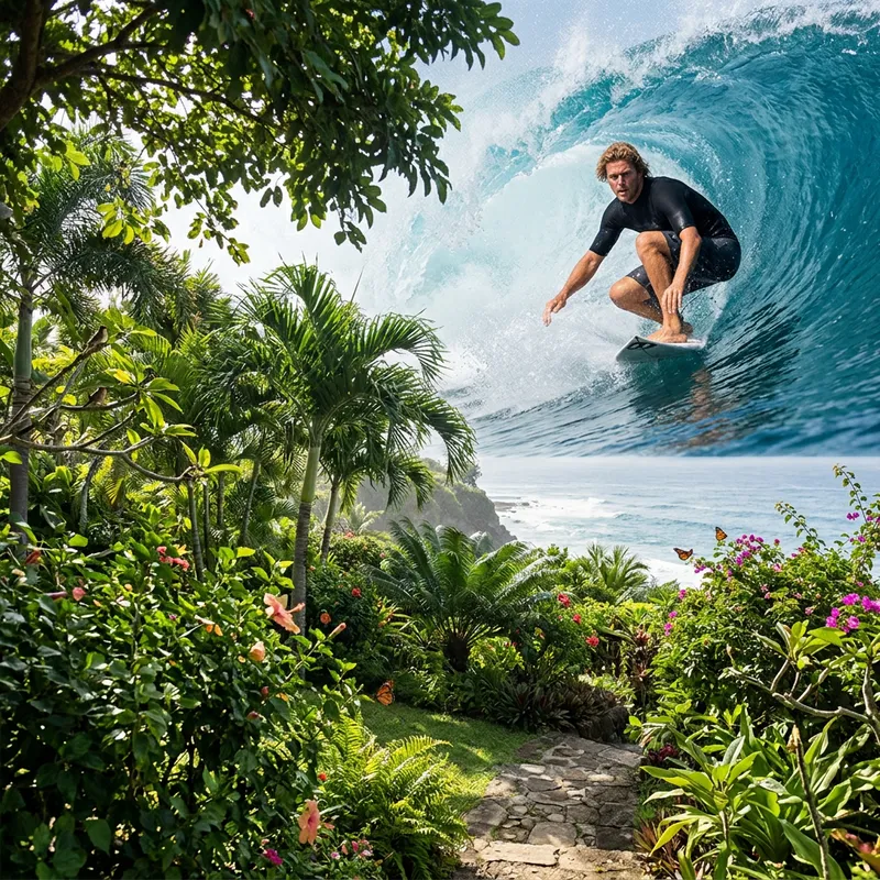 Surfer in a Lush Garden with Palm Trees Surfer in a Lush Garden with Palm Trees