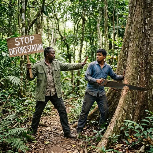 Stop Deforestation Message: Man Halts Tree Cutting