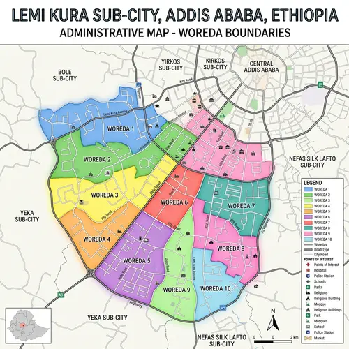 Detailed Map of Lemi Kura, Addis Ababa | Woredas Included