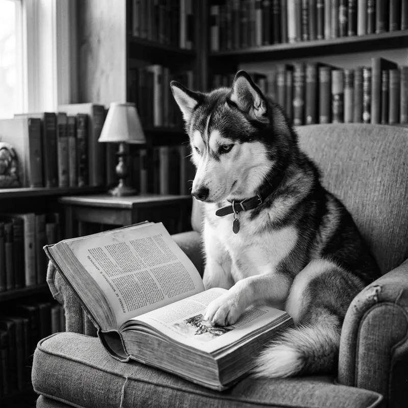 Monochromatic Husky Reading Book - Clever Canine Storytime
