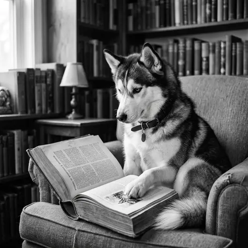Curious Husky Reading Book - Intellectual Canine Storytime