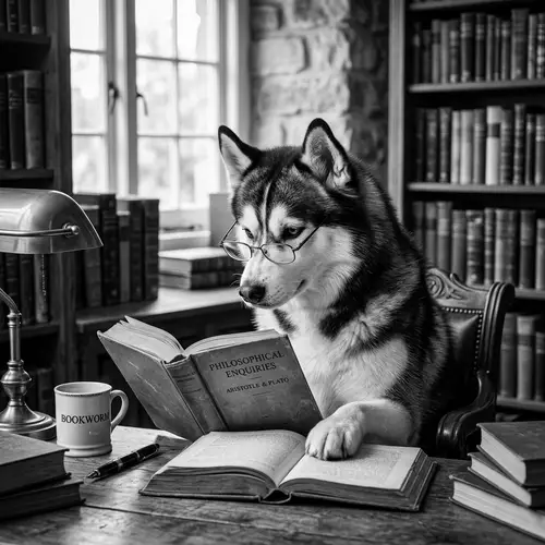 Majestic Husky Reading: Vintage Monochromatic Photography