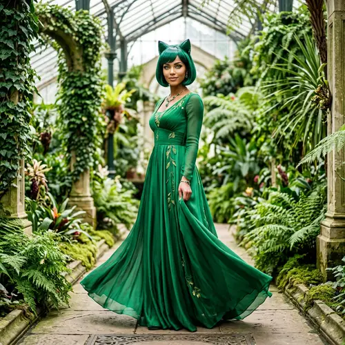 Beautiful Woman with Green Cat Ear Hair in Elegant Dress