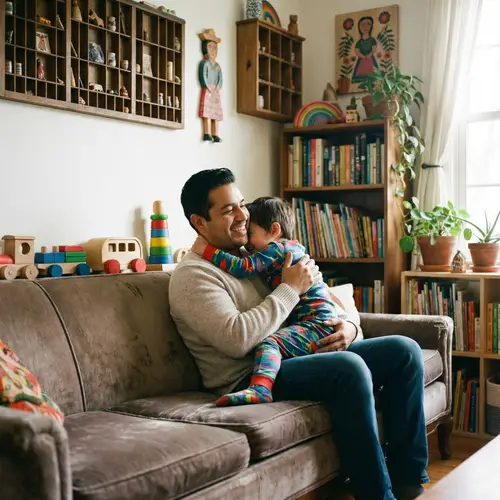 Hispanic Father Hugging Child in Cozy Room | Love and Affection