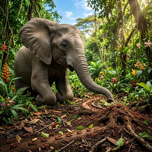 Ants and Elephant Interaction in a Lush Jungle Setting