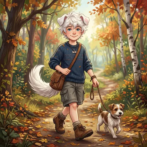 Semi-Realistic Boy with Dog Ears, Tail, White Hair, Blue Eyes