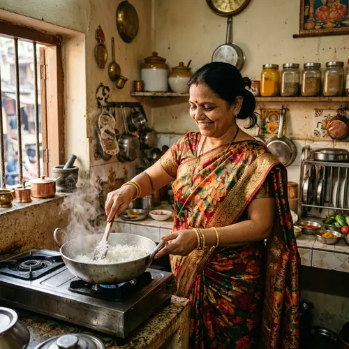 Traditional South Asian Woman Cooking Rice in Vibrant Sari