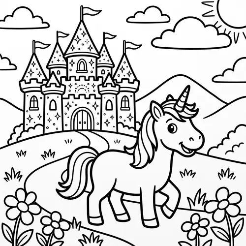 Unicorn & Castle Coloring Page for Kids
