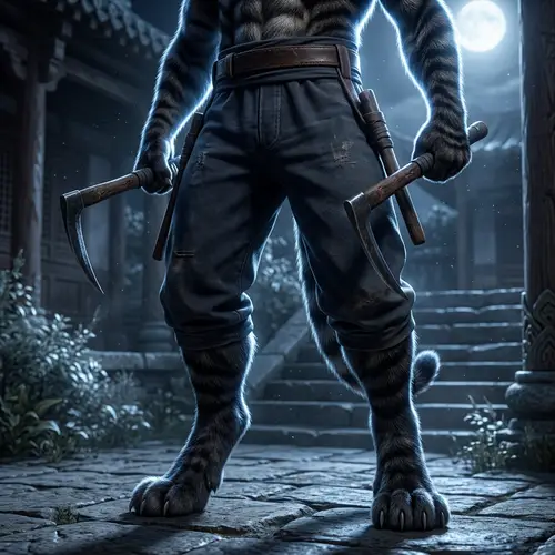 Khajiit Monk with Kama Weapon in Moonlight