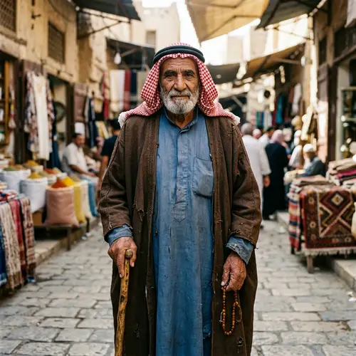 Elderly Arab Man Portraying Wisdom and Dignity in Humble Attire