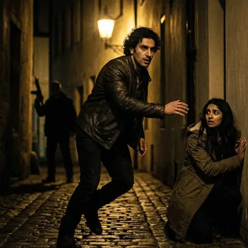 Dramatic Movie Scene: Hero Rescues Love Interest in Dark Alley