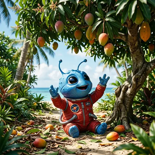 Blue Alien Under Fruit Tree on Tropical Island