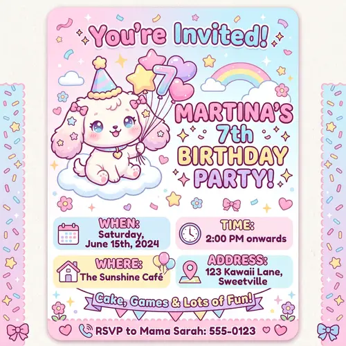 Cute Kawaii White Puppy Birthday Invitation