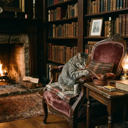 Grey Striped Cat Playfully Pawing at Smoking Pipe in Cozy Room