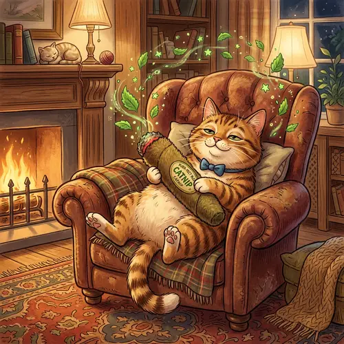 Whimsical Cat Enjoying Catnip Cigar | Funny Illustration