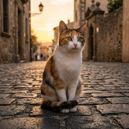 Calico Domestic Shorthaired Cat on Cobblestone Street