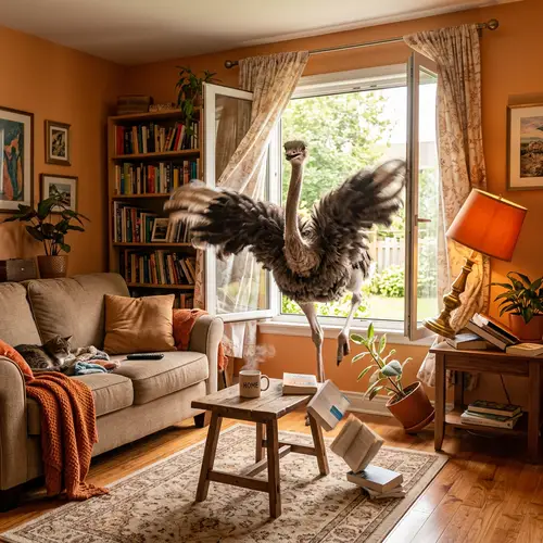 Chaos in Cozy Living Room: Unexpected Ostrich Encounter