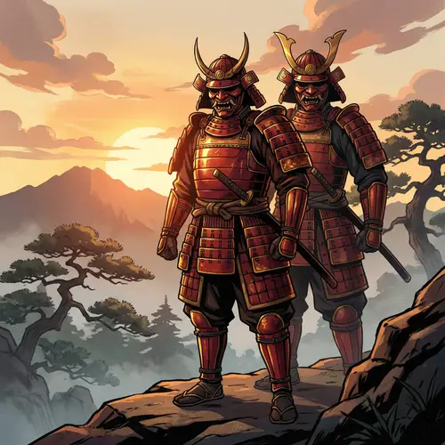 Samurai in Red Armor Demon Mask | Anime Cartoon Style