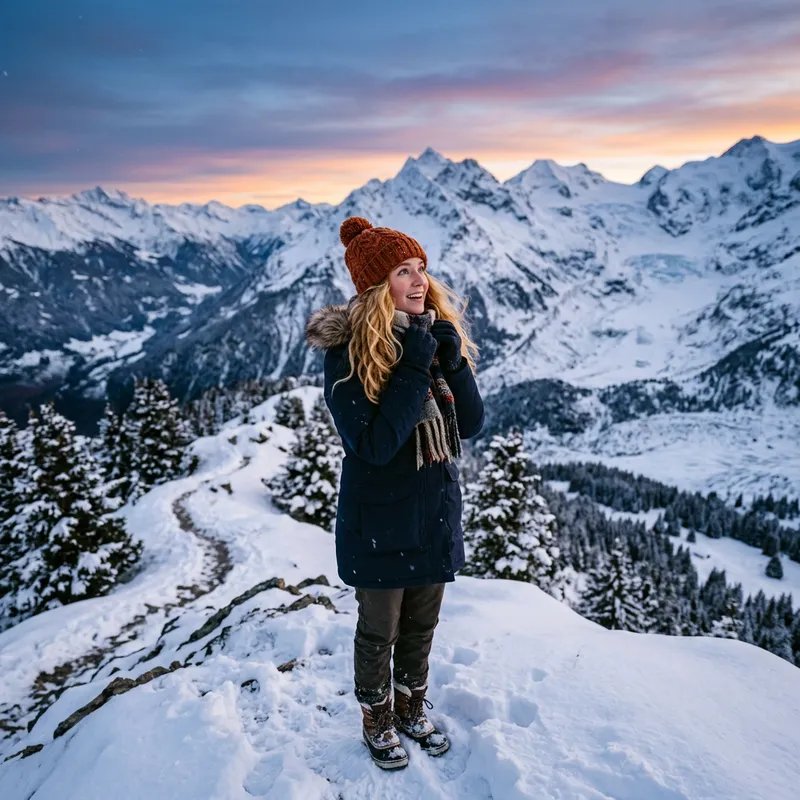 Enchanting Blonde Girl Admiring Snowy Mountain Landscape