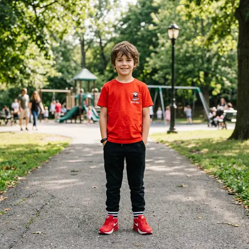 Boy in Red Shirt and Black Pants