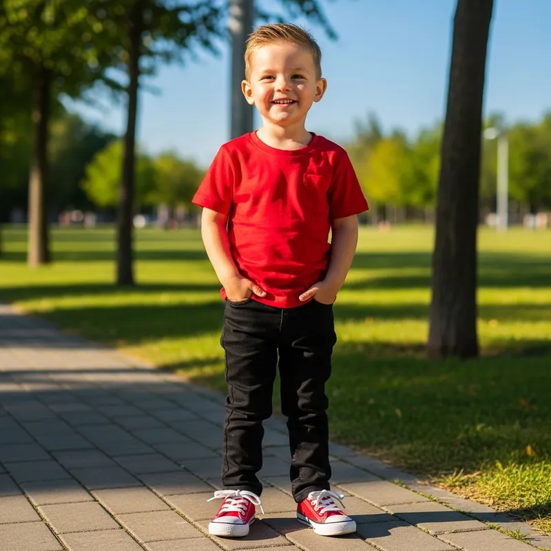 Boy in Red Shirt and Black Pants