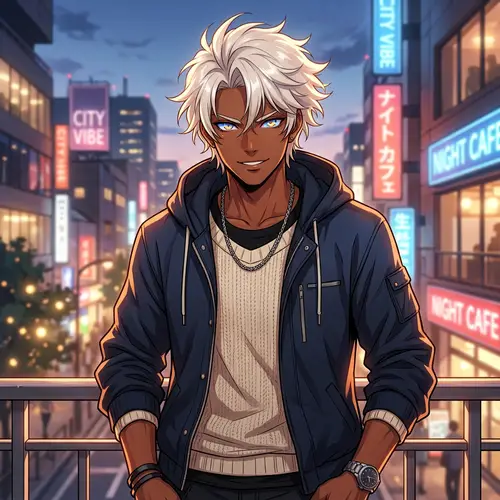 Anime Man with Dark Skin and Light-Colored Hair