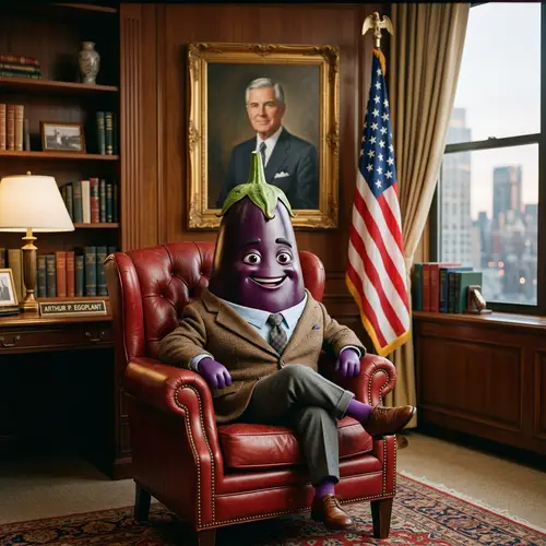 Eggplant Character in Red Armchair in Office