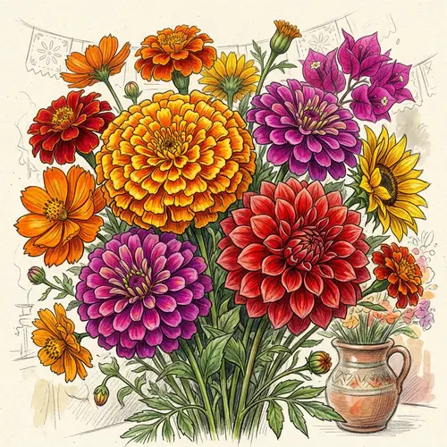 Vibrant Mexican Fiesta Flowers Sketch