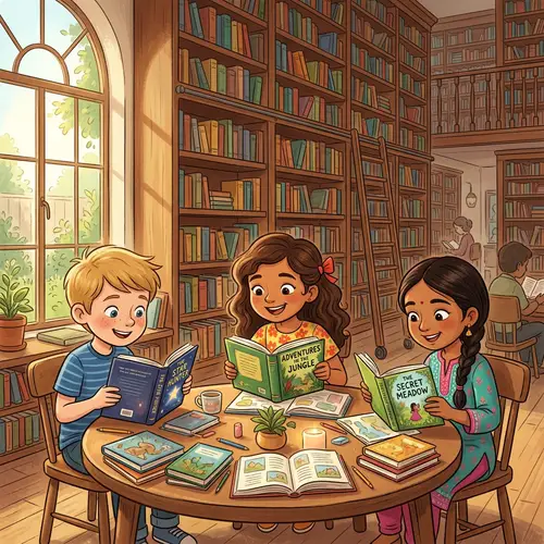 Three Children Reading in a Cozy Library - Animation
