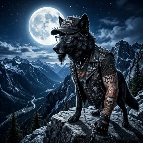 Punk Wolf Under Full Moon - Unique Art Design