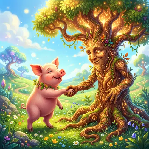 Surreal Scene: Pig Handshaking Tree | Fantasy Atmosphere