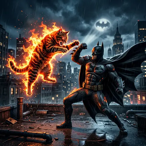 Cat with Fiery Aura Battles Superhero in Bat-Themed Costume