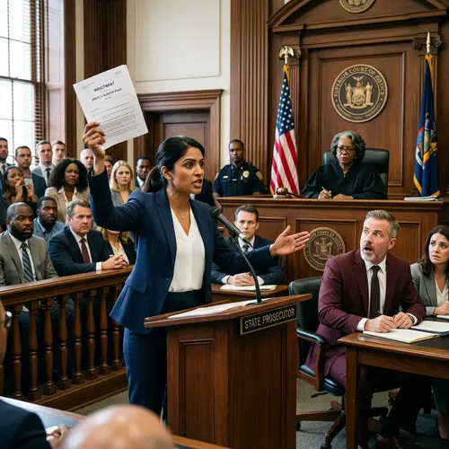 Dramatic Courtroom Scene: Prosecutor Presses Charges