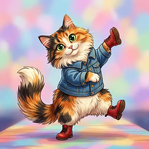 Colorful Long-Haired Cat in Stylish Outfit | Cartoon Illustration