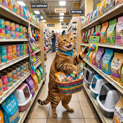 Jovial Feline Shopping for Supplies | Rich striped fur cat