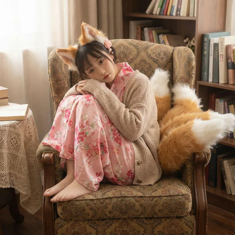 Kitsune Girl in Pink Sitting in Chair