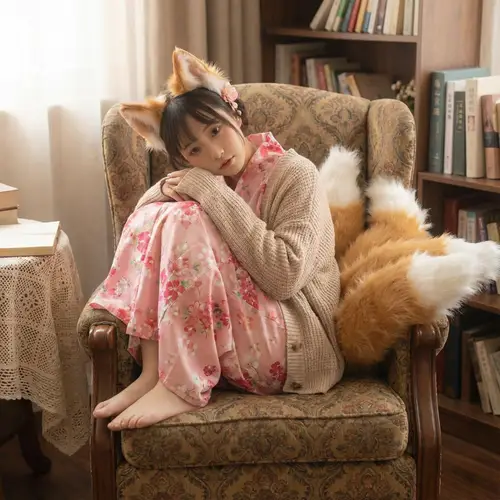Kitsune Girl in Pink Sitting in Chair