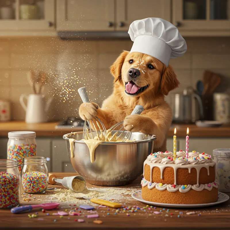 Cute Dog Baking a Giant Cake