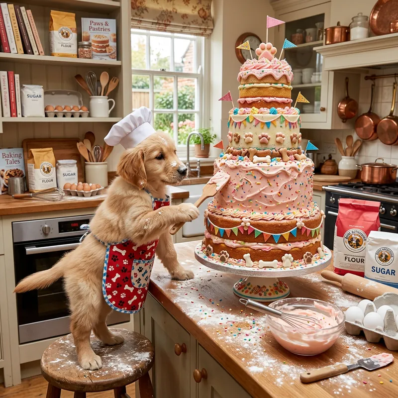 Cute Dog Baking a Giant Cake