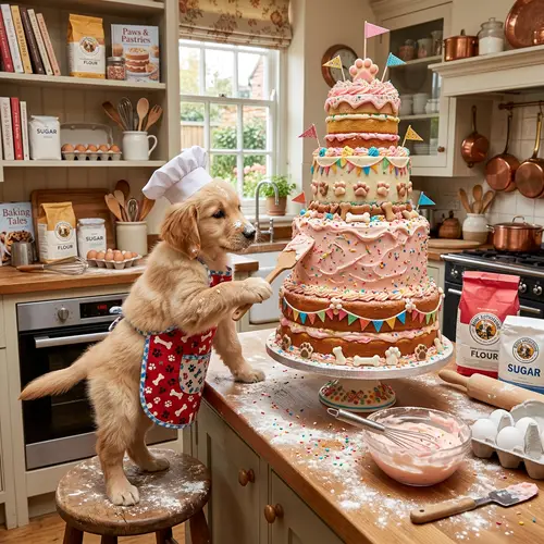 Cute Dog Baking a Giant Cake