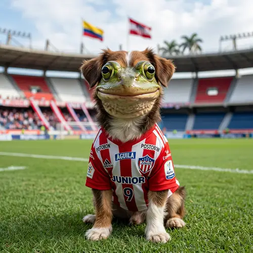 Dog with Frog-Like Face in Barranquilla Soccer Jersey