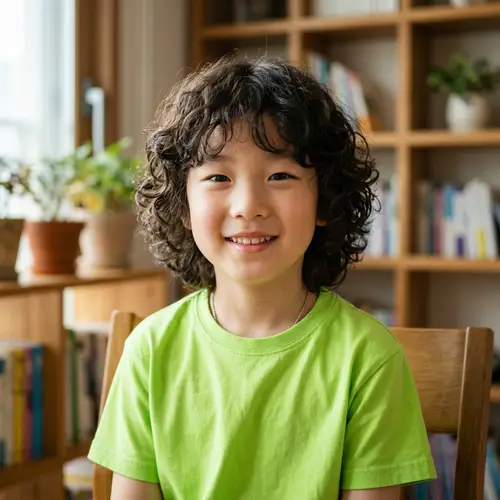South Korean Boy with Curly Hair in Green Shirt