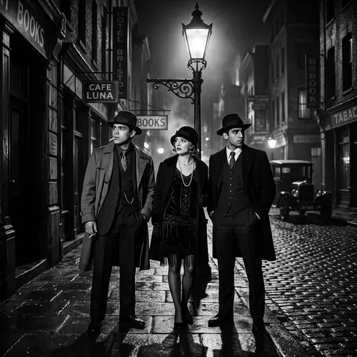 1920's Film Noir Style Street Scene with Three Young People