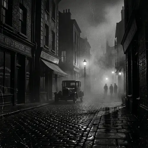 1920's Film Noir Style Photo with Shadowy Figures in Foggy Street