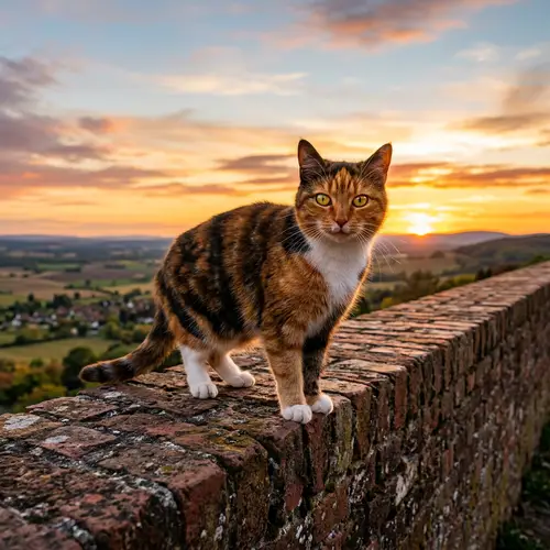 Striking Adult Domestic Cat Balancing on Rustic Brick Wall