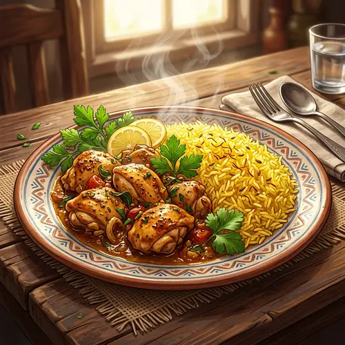 Savory Chicken Patta with Yellow Rice and Fresh Parsley