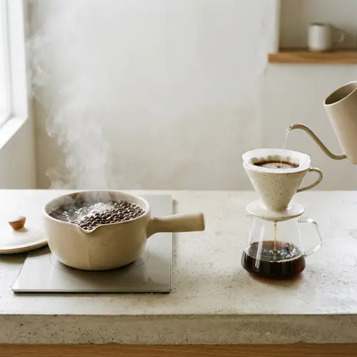 Minimalist Coffee Brewing: Ceramic Pot & Beans