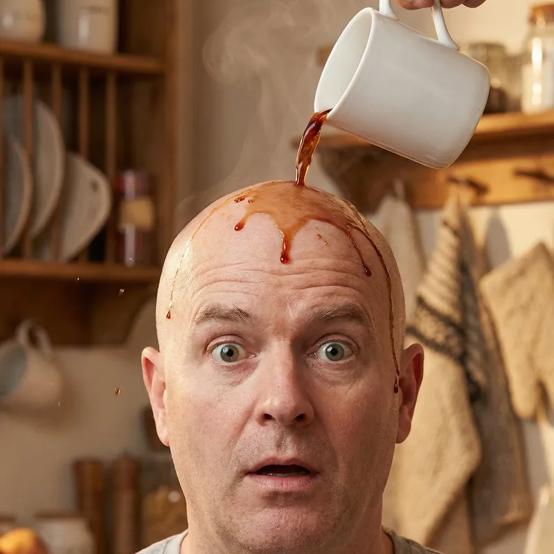 Tea Spilling on Bald Man: Hilarious Reaction and Surprised Expression