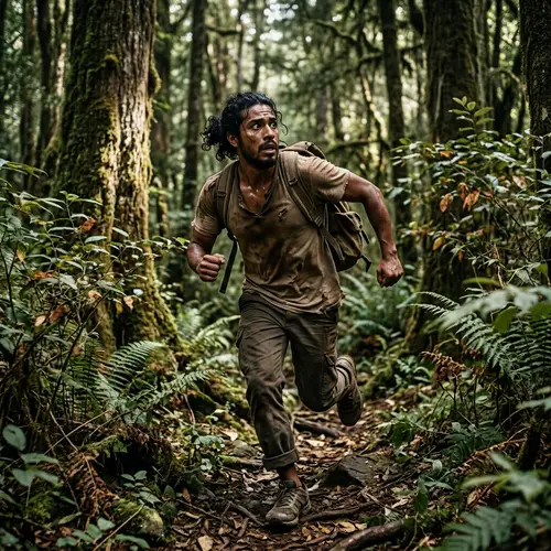 Frantic Hispanic Person Running in Ancient Forest - Eerie Chase
